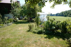 untere Wiese mit Tomatenhaus, Johannisbeeren, einem von drei Hochbeeten und der Linde mit Baumbank