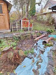 Leider konnte ich aus Kostengründen noch keine echte Teichfolie für den Bachlauf kaufen. Kommt aber hoffentlich nächstes Jahr. Beim rechten Rohr kommt das Quellwasser raus, links die Dachentwässerung vom Carport. Dazwischen und obendrauf soll das Totholz und Steine. Links hinter dem Baumstumpf ist die umgepflanzte Weide. Die Konifere war riesig und hatten wir im Frühjahr entfernt.