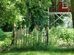 Bauerngarten im 4ten Jahr mit Baumhaus im Hintergrund